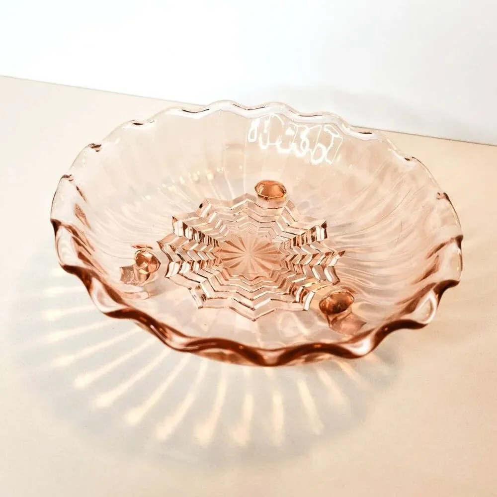 Rare Vintage 1930's Pink Depression Glass Art Deco STAR PATTERN Footed Bowl
